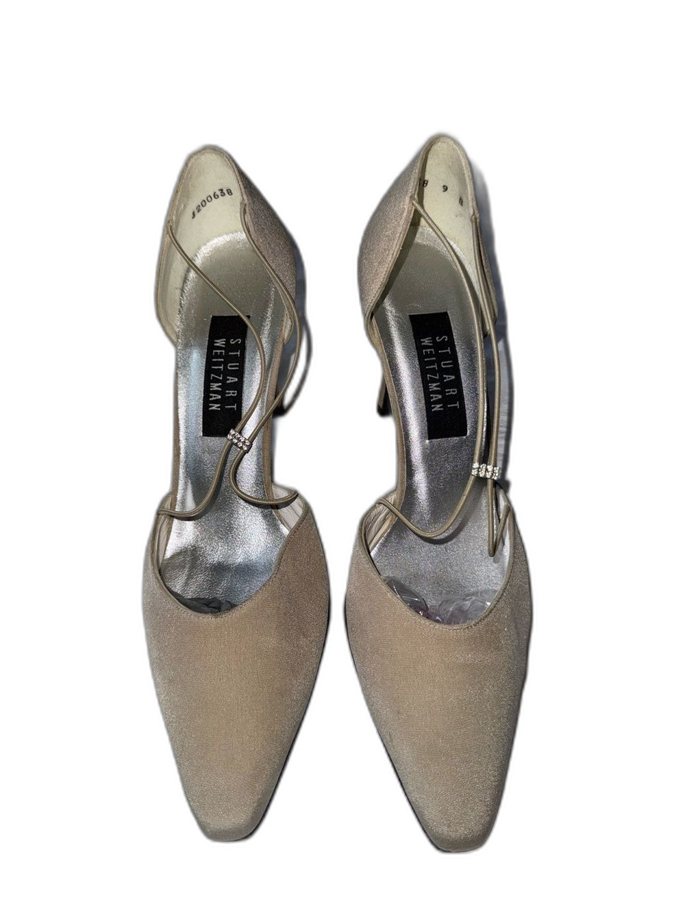 Stuart Weitzman Heels Women’s 9 Pointed Toe Tan Satin Sheen !